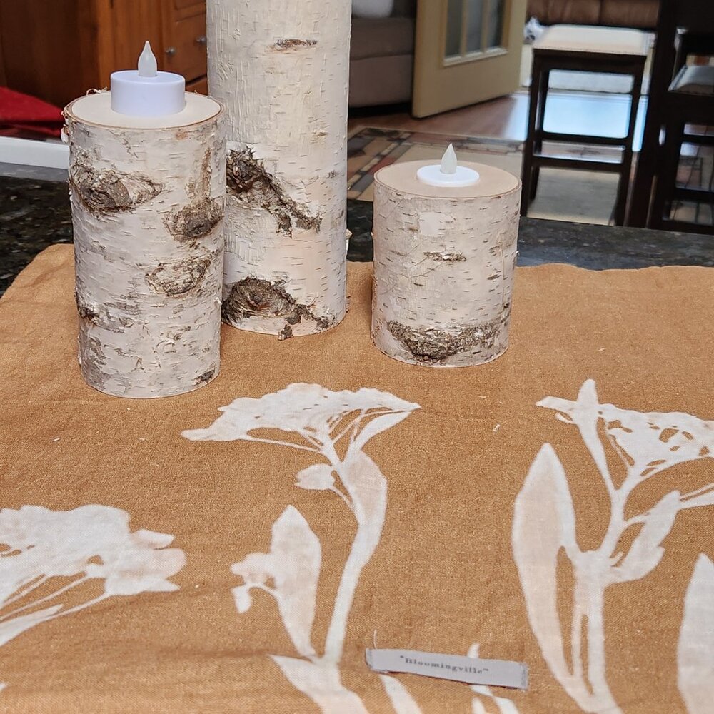 RELAX in  your space with birch bark candle stands, linen pillow sham, wood bowl